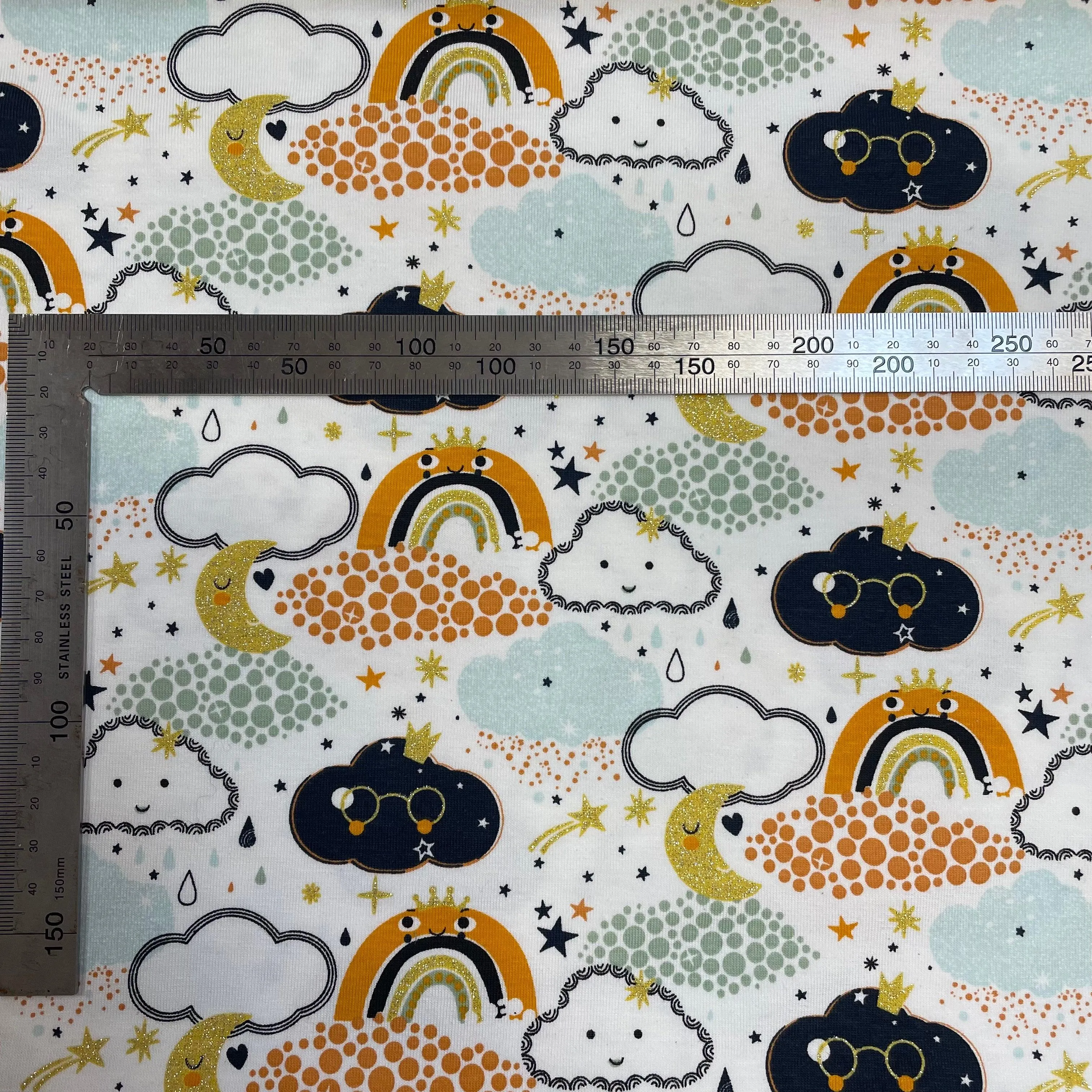 Sale Rainbow Cloud Sky Navy/Orange With Glitter Cotton Jersey Fabric