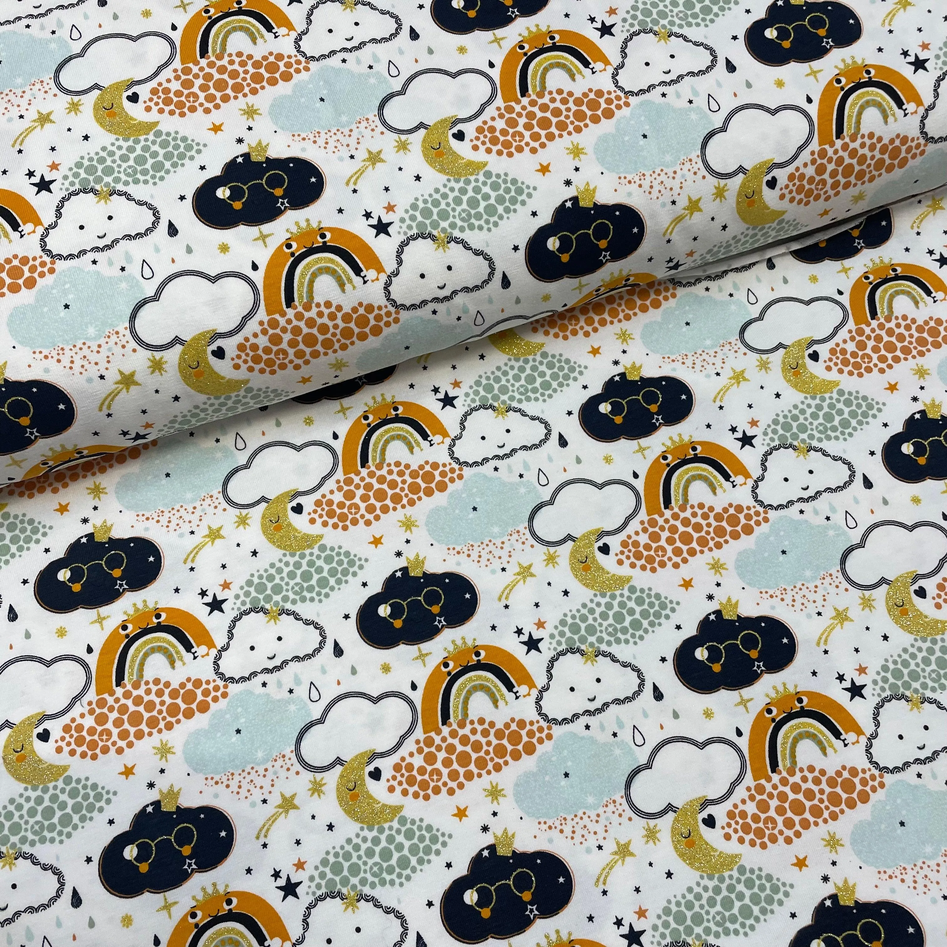 Sale Rainbow Cloud Sky Navy/Orange With Glitter Cotton Jersey Fabric