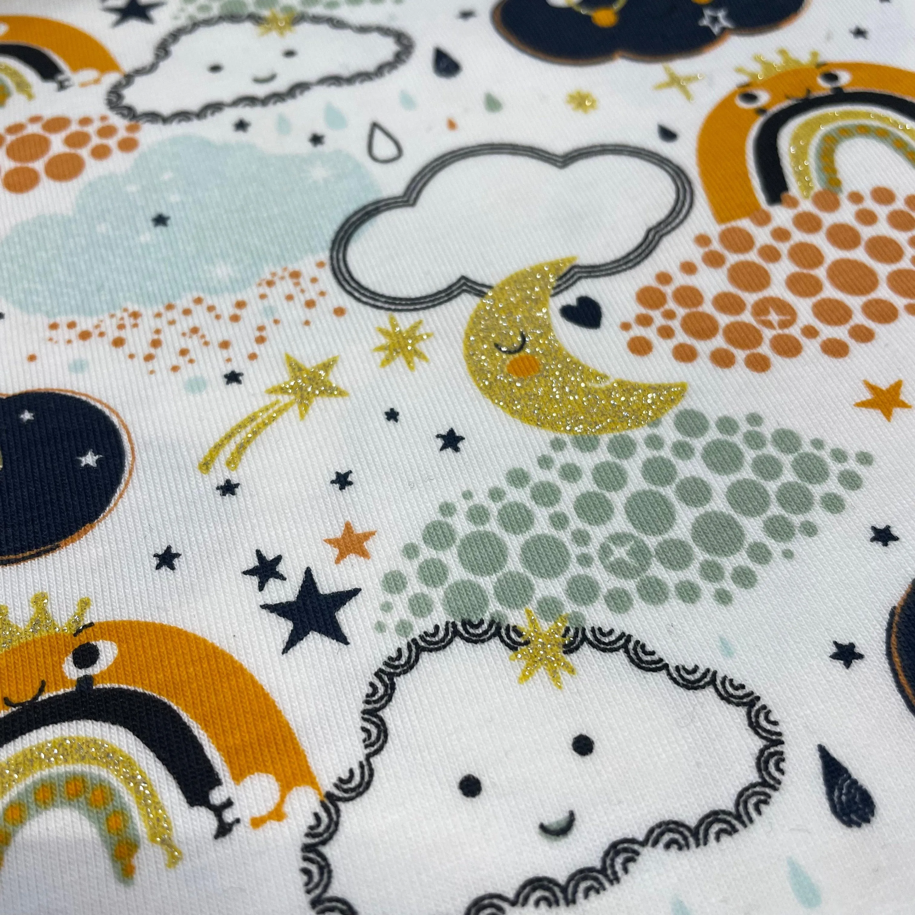 Sale Rainbow Cloud Sky Navy/Orange With Glitter Cotton Jersey Fabric