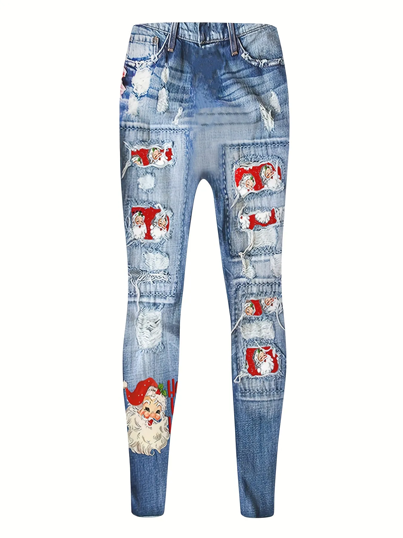 Santa Claus Graphic Ripped Effect Leggings Faux Denim print Pants Girls Kids Clothes Gift Halloween Christmas