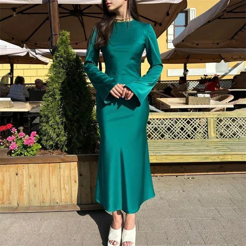 Satin Fashion Slim Maxi Dress For Women Long Sleeve