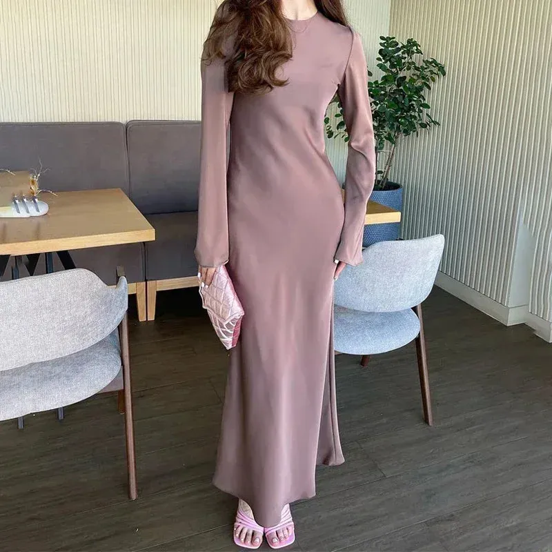 Satin Fashion Slim Maxi Dress For Women Long Sleeve