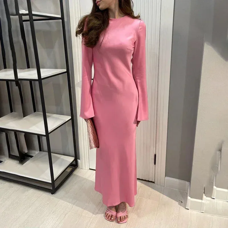 Satin Fashion Slim Maxi Dress For Women Long Sleeve