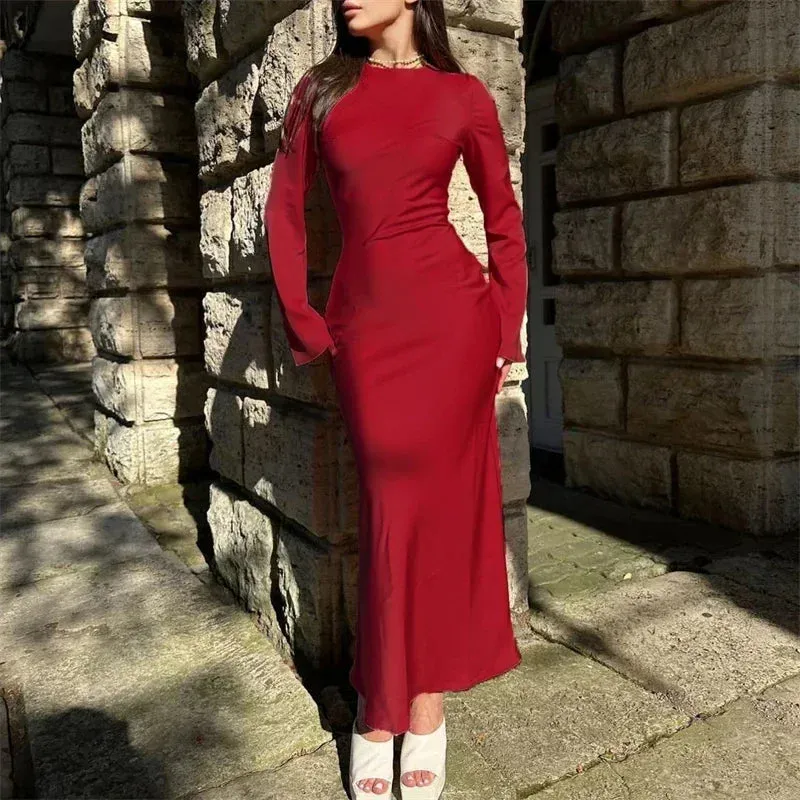 Satin Fashion Slim Maxi Dress For Women Long Sleeve