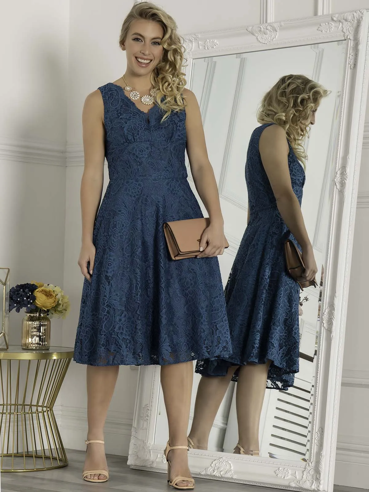 Scalloped Lace Swing Dress, Dark Teal