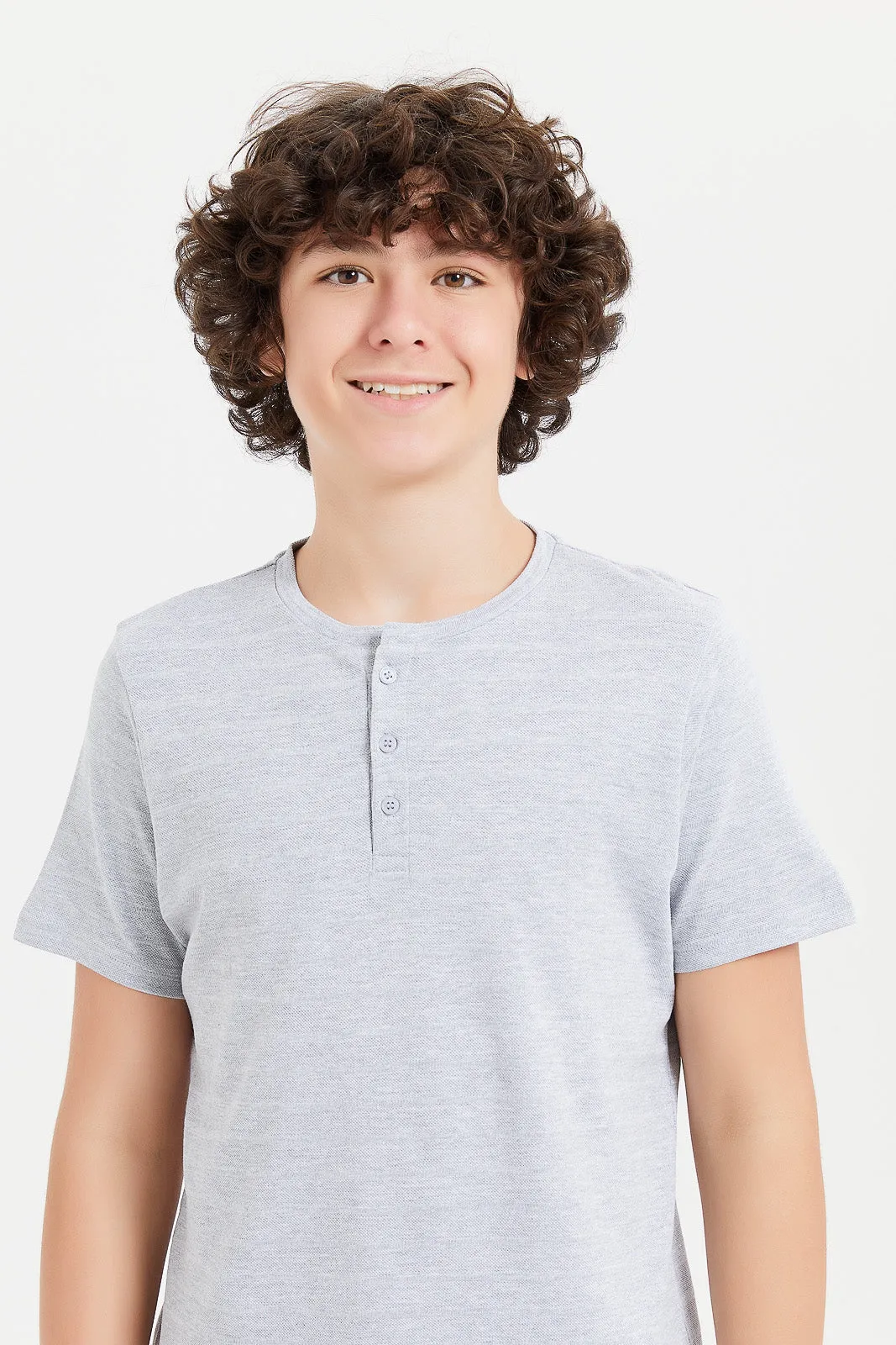 Senior Boys Grey Jacquard Henley T-Shirt