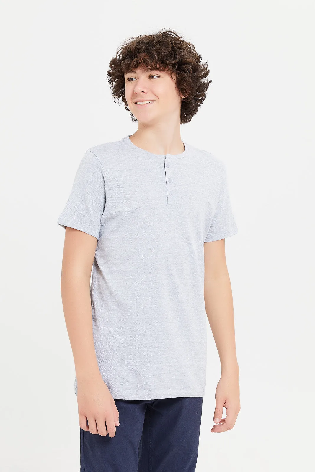 Senior Boys Grey Jacquard Henley T-Shirt