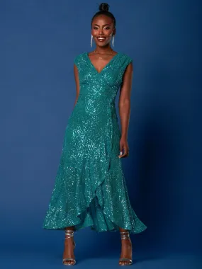 Sequin High Low Hem Maxi Dress, Teal Multi