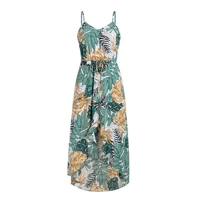 Sexy Floral Print Sleeveless High Waist Bodycon Summer Casual Ladies Strap Ruffled Boho Dress