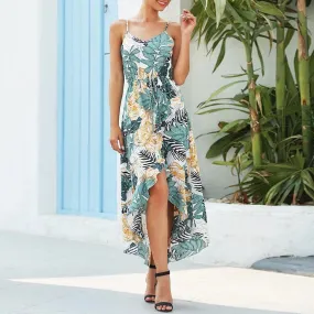 Sexy Floral Print Sleeveless High Waist Bodycon Summer Casual Ladies Strap Ruffled Boho Dress