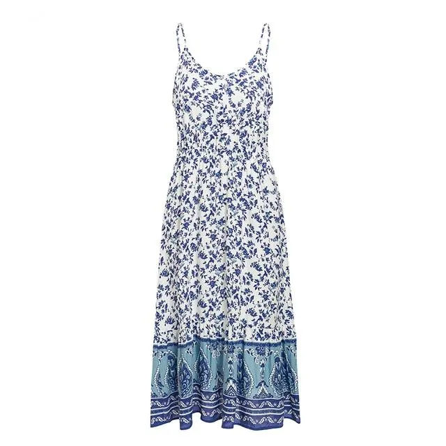 Sexy Sleeveless Floral Print Ruffled Slim Fit High Boho Dress