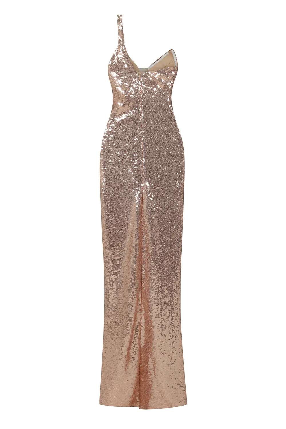 Shine On Me Rose Gold Sequin Mesh One Shoulder Slit Maxi Dress