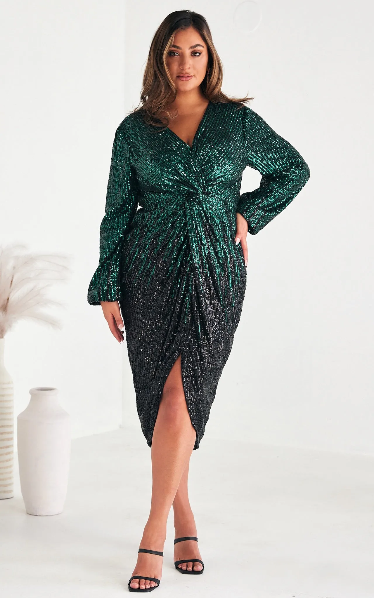 Showstopper Midi Dress - Emerald Black Sequin Ombre