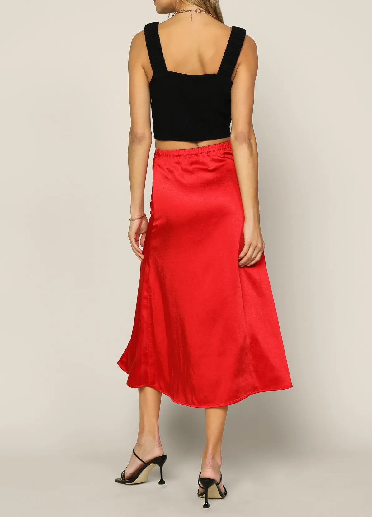 Side Slit Red Satin Skirt