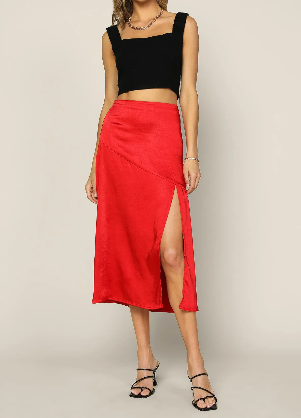 Side Slit Red Satin Skirt