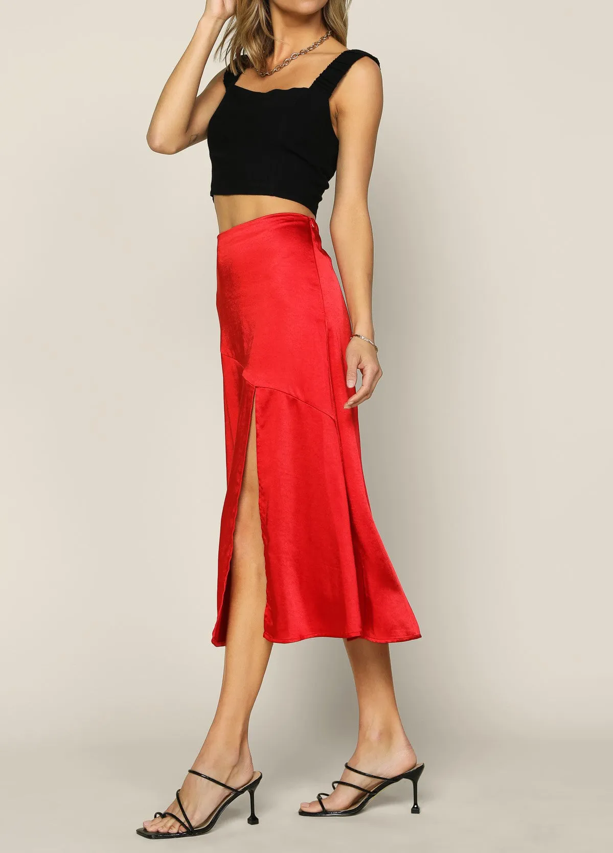 Side Slit Red Satin Skirt