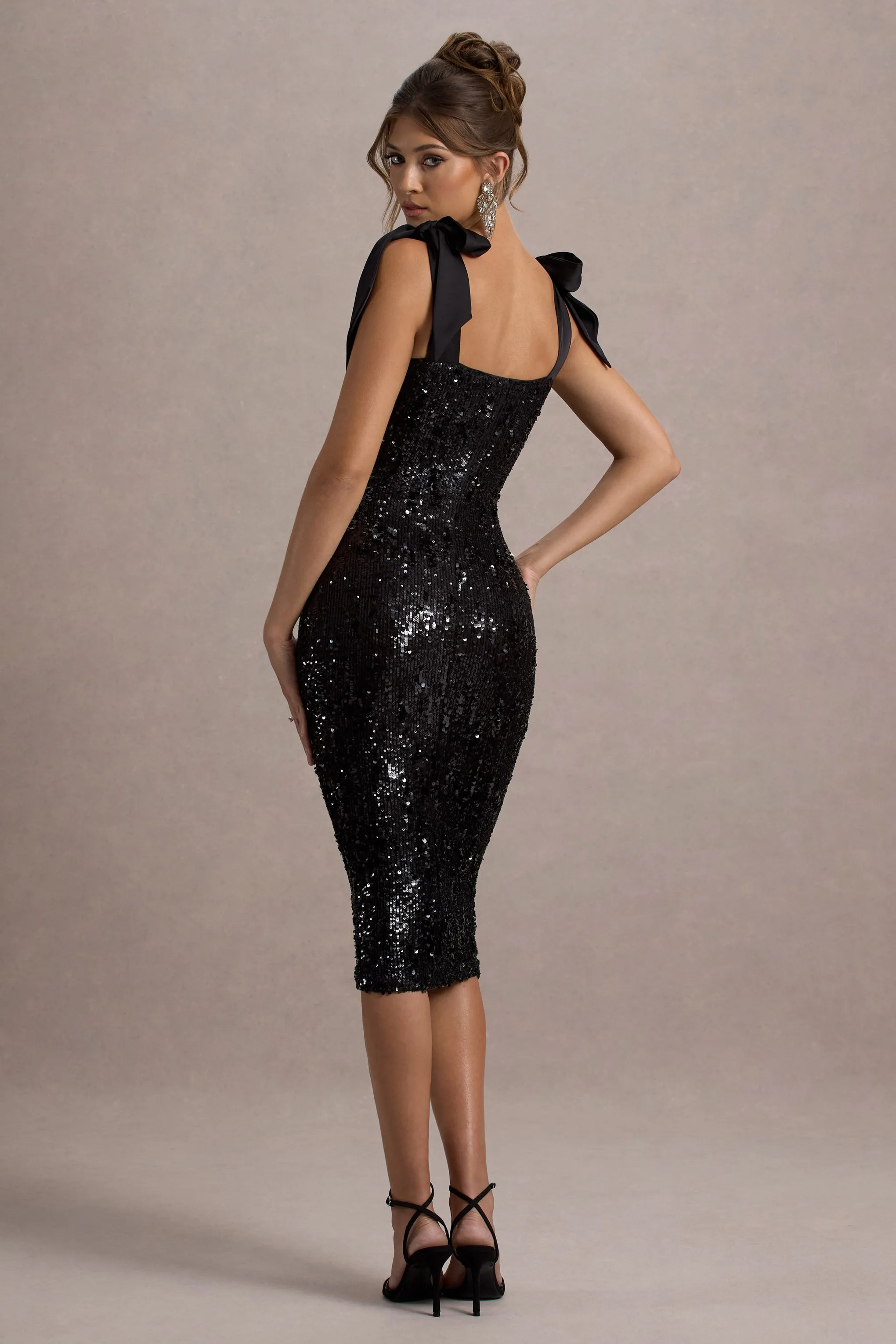 Solaria | Black Sequin Midi Dress With Bow Straps