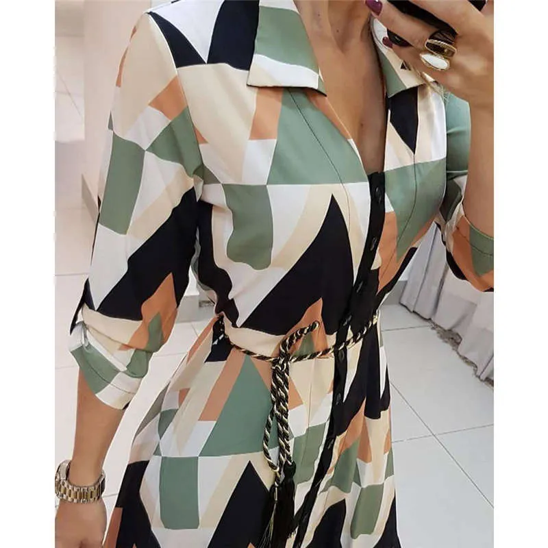 Spring Summer Lady Cover Up Womens Shirt Dress Wave Print Long Sleeve V-Neck Casual Loose Holiday Midi Dress