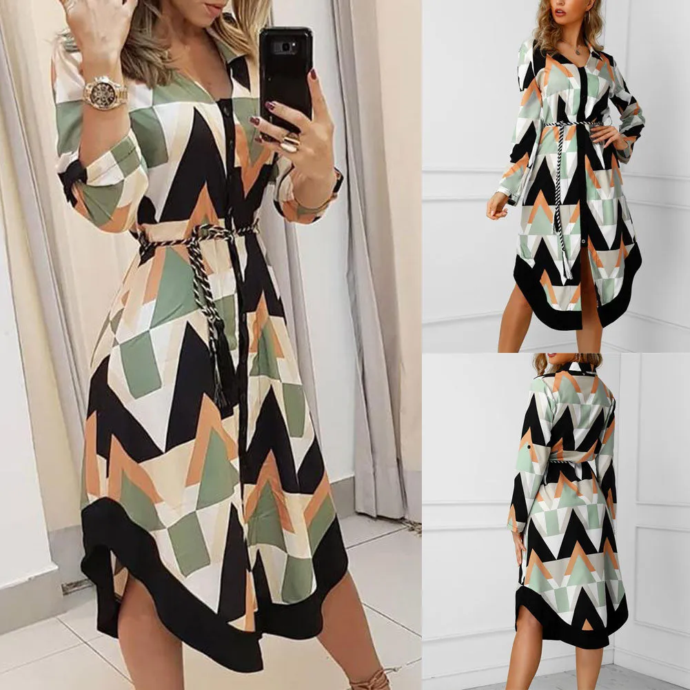 Spring Summer Lady Cover Up Womens Shirt Dress Wave Print Long Sleeve V-Neck Casual Loose Holiday Midi Dress