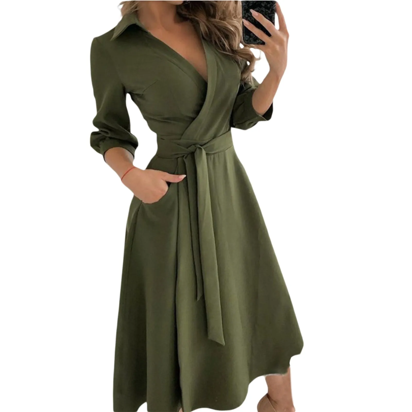 Spring Summer Lady Cover Up Womens Shirt Dress Wave Print Long Sleeve V-Neck Casual Loose Holiday Midi Dress