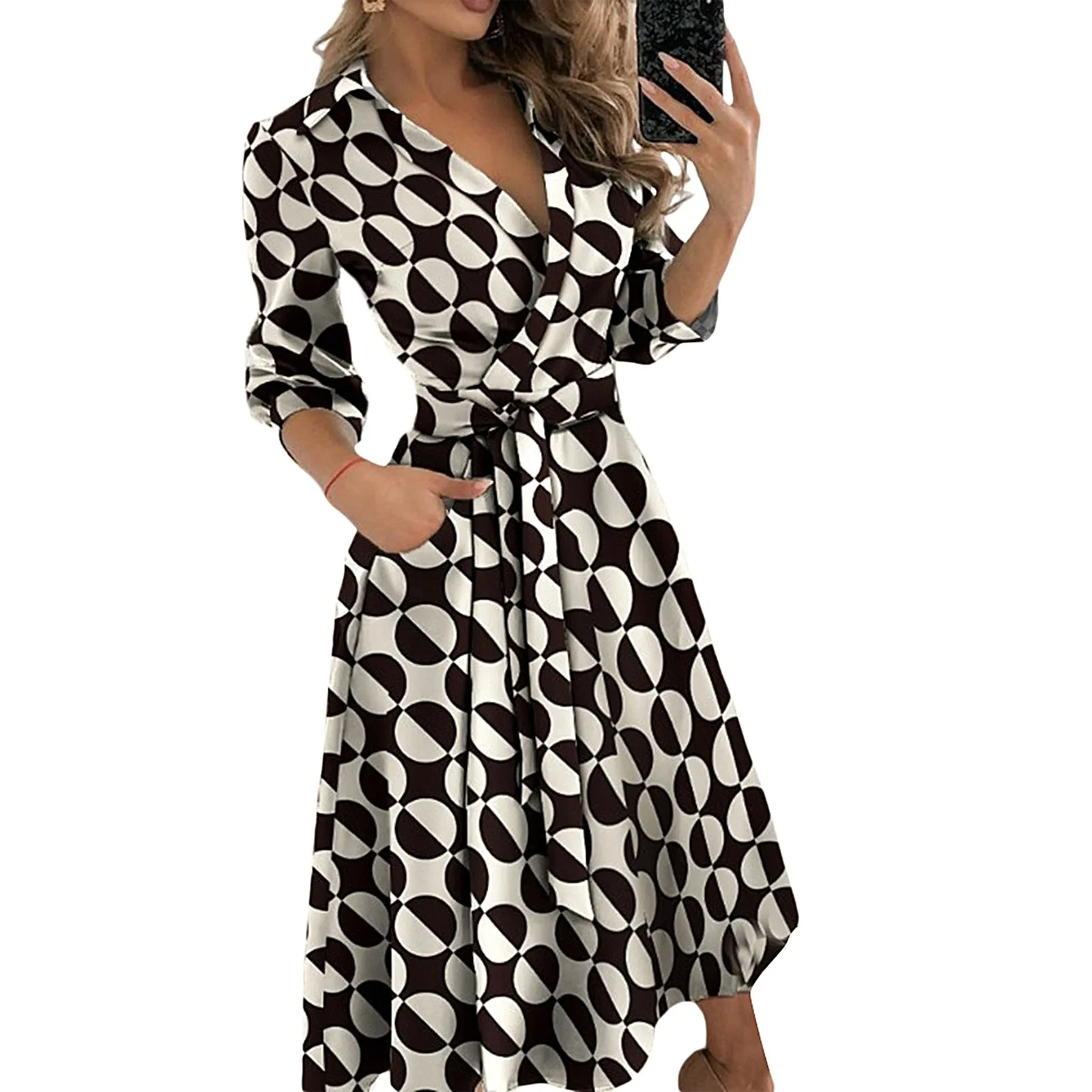 Spring Summer Lady Cover Up Womens Shirt Dress Wave Print Long Sleeve V-Neck Casual Loose Holiday Midi Dress