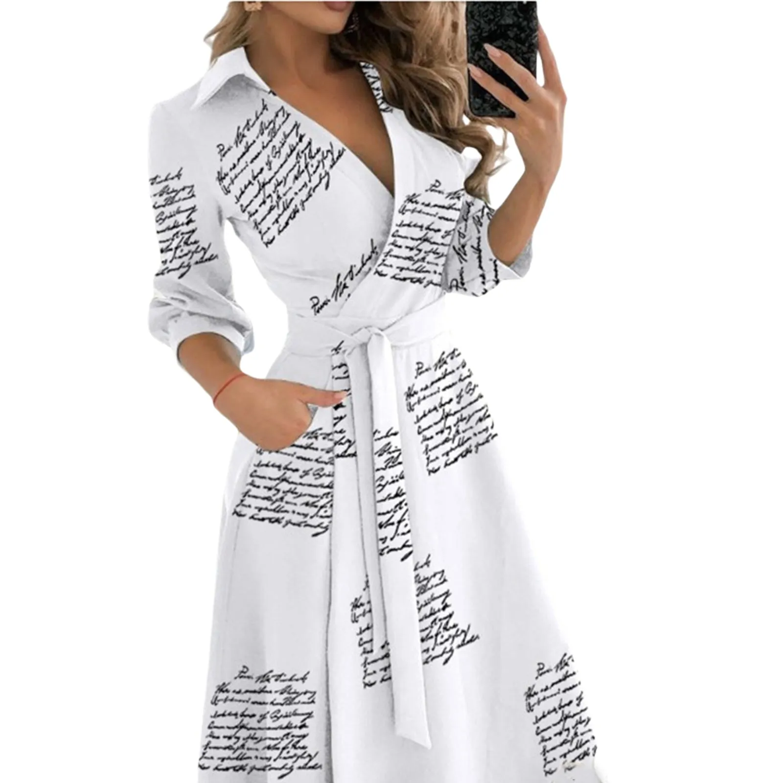 Spring Summer Lady Cover Up Womens Shirt Dress Wave Print Long Sleeve V-Neck Casual Loose Holiday Midi Dress