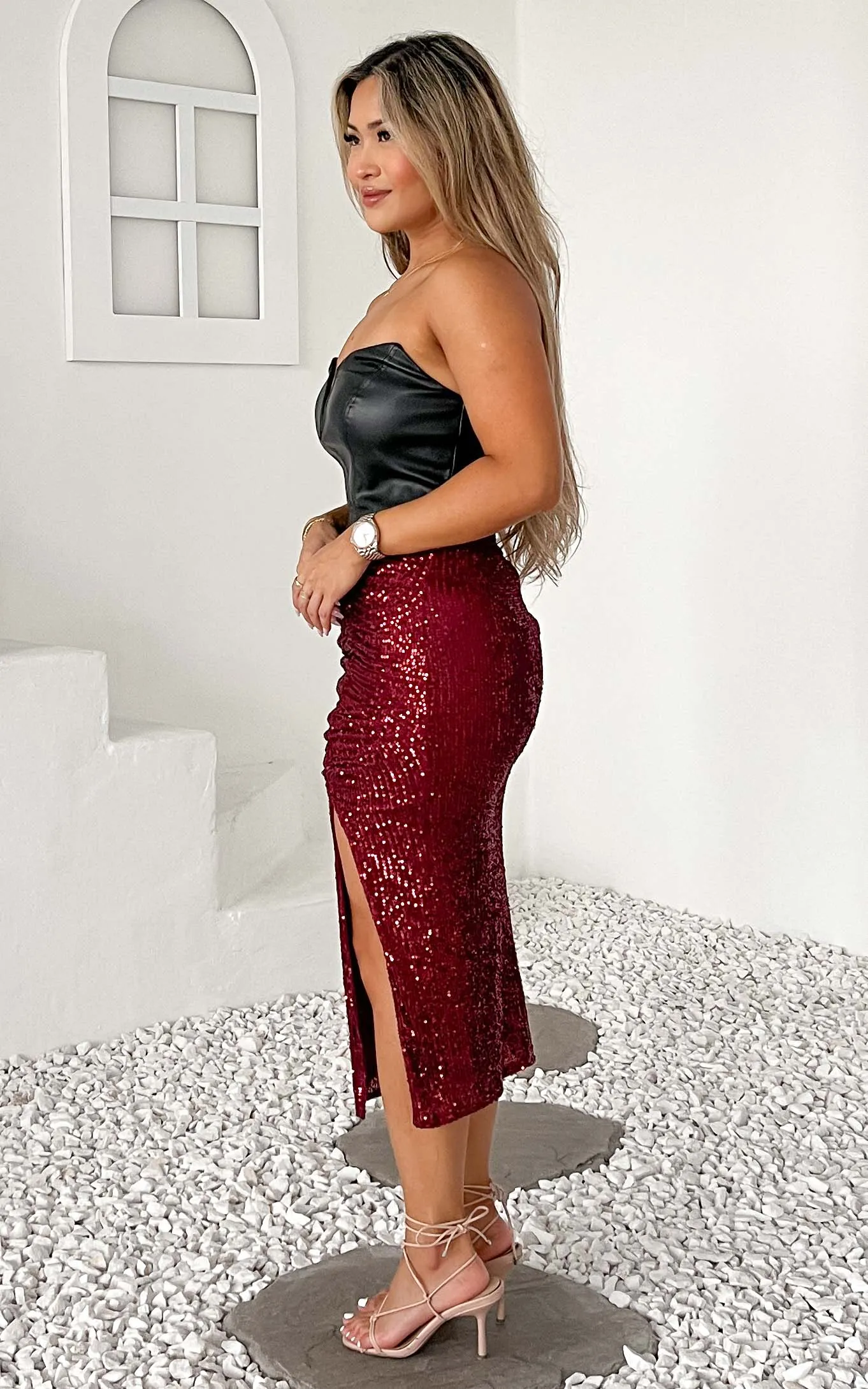 Stardust Sequin Split Midi Skirt - Wine