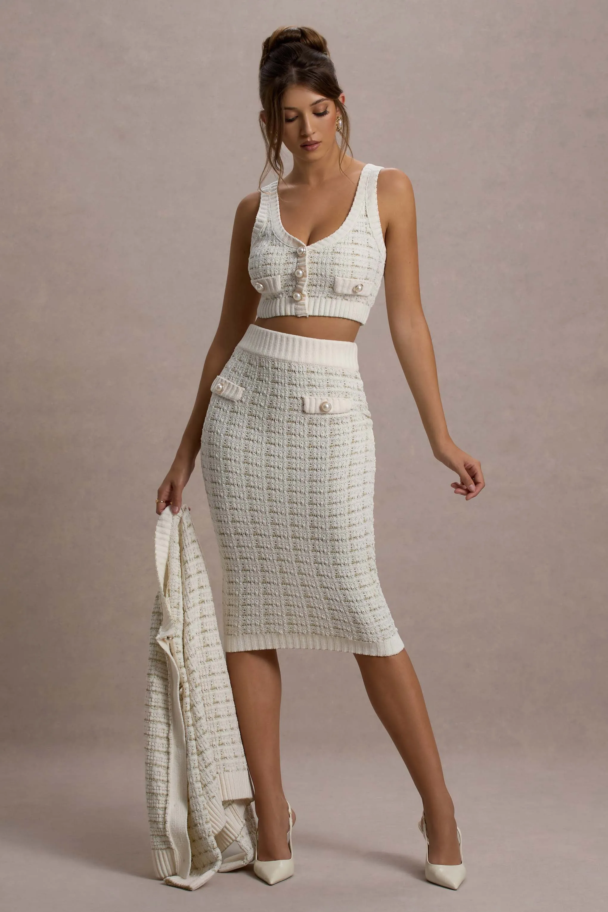 Stellina | Cream Boucle High-Waist Bodycon Midi Skirt