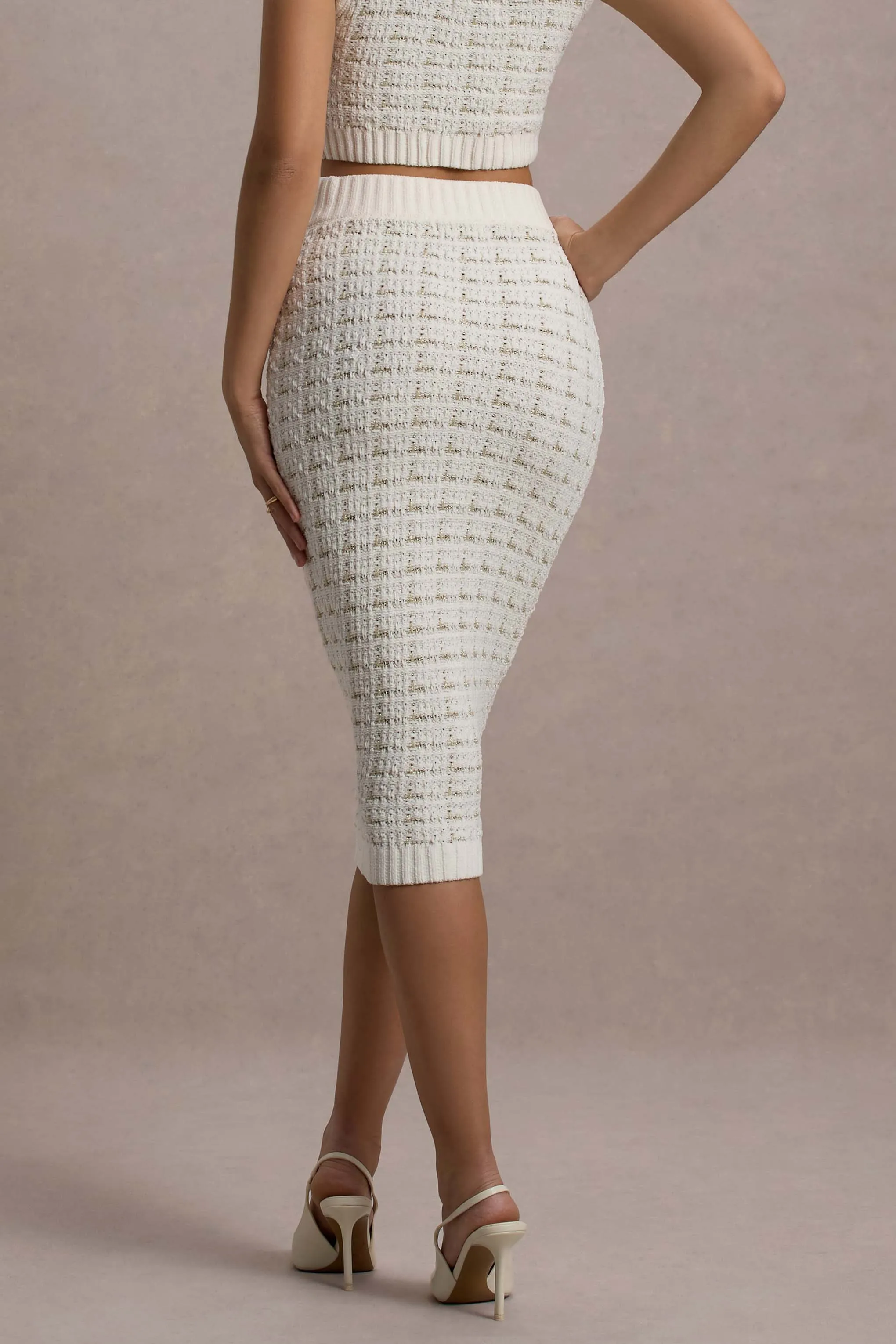 Stellina | Cream Boucle High-Waist Bodycon Midi Skirt