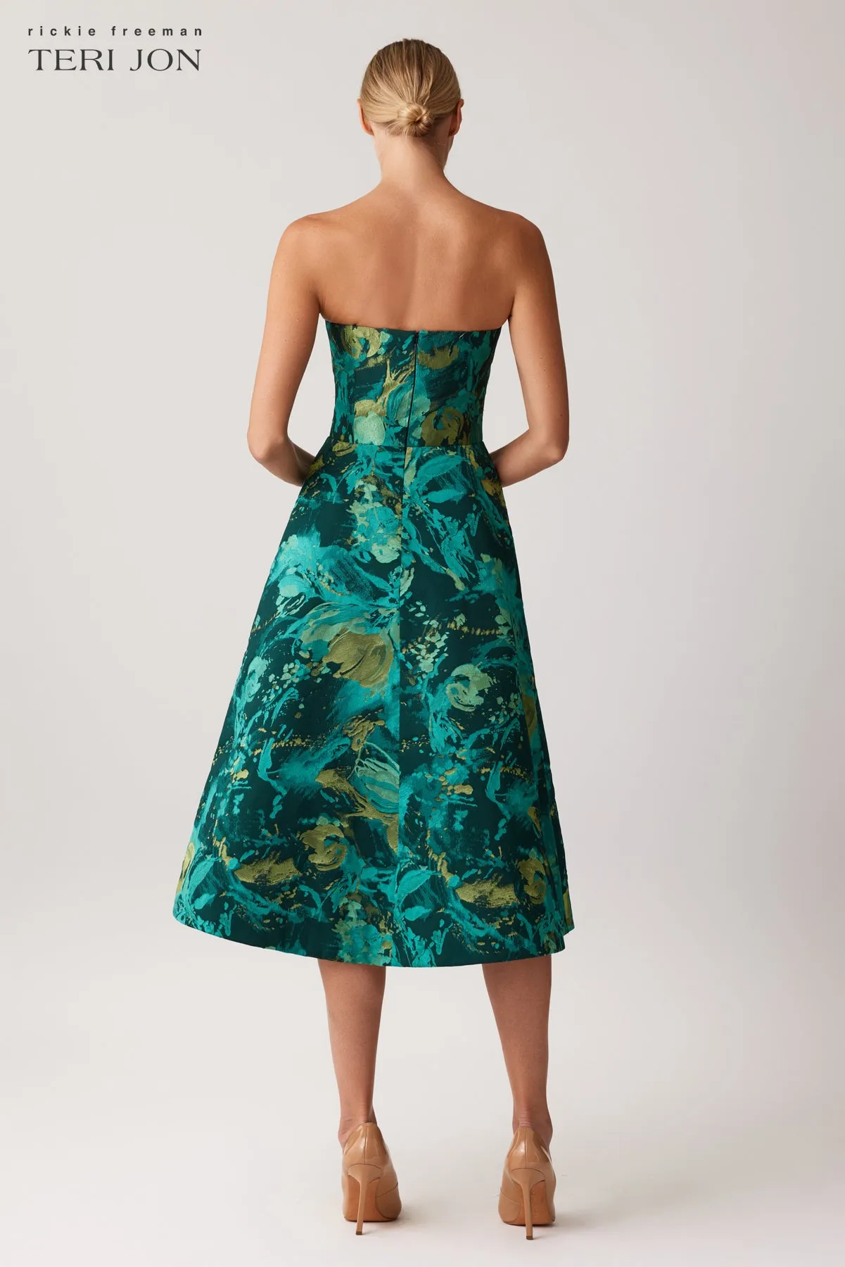 Strapless Jacquard Fit And Flare Midi Dress