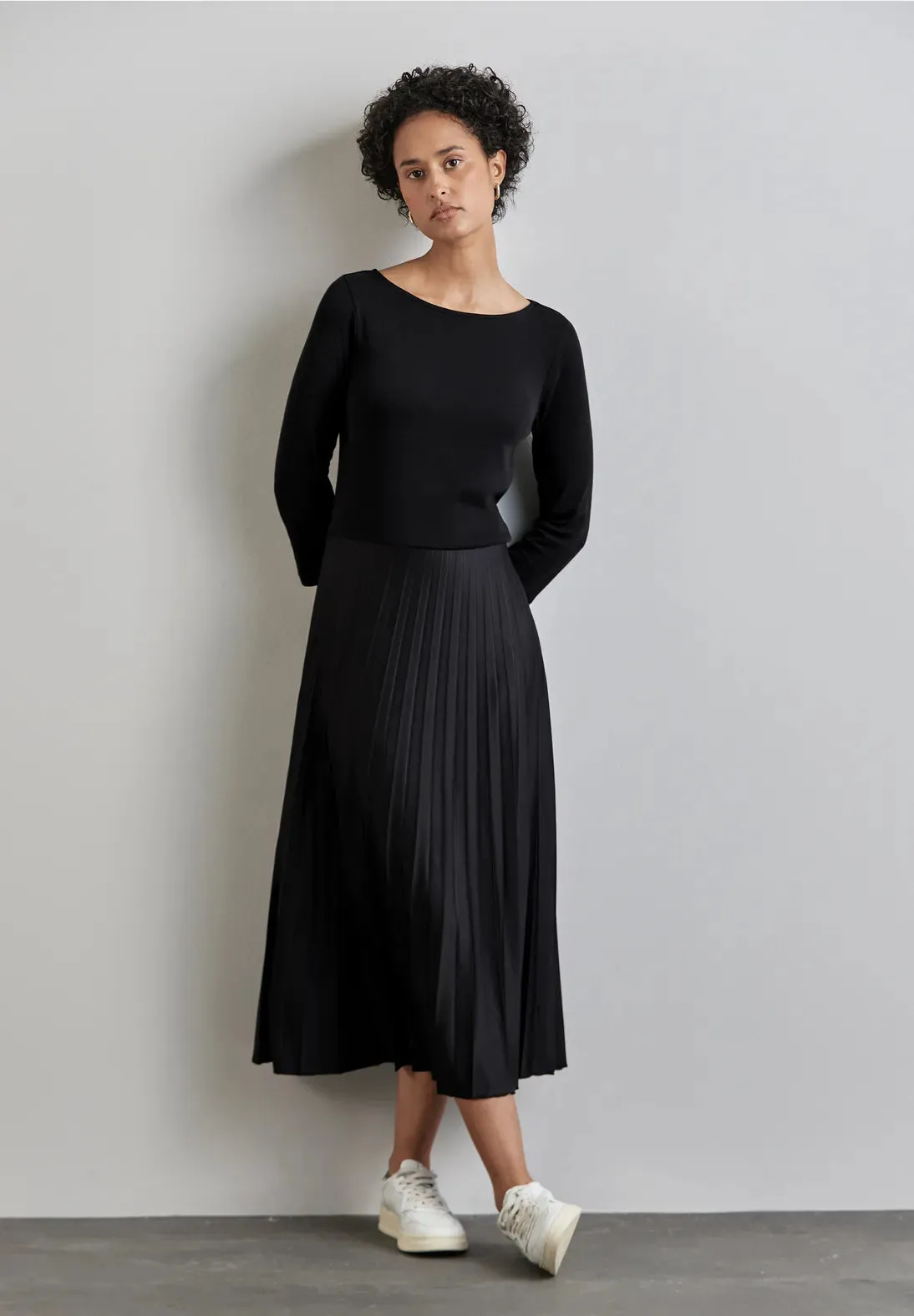 Street One Long Black Pleated Midi Dress with Soft Jersey Body 44225