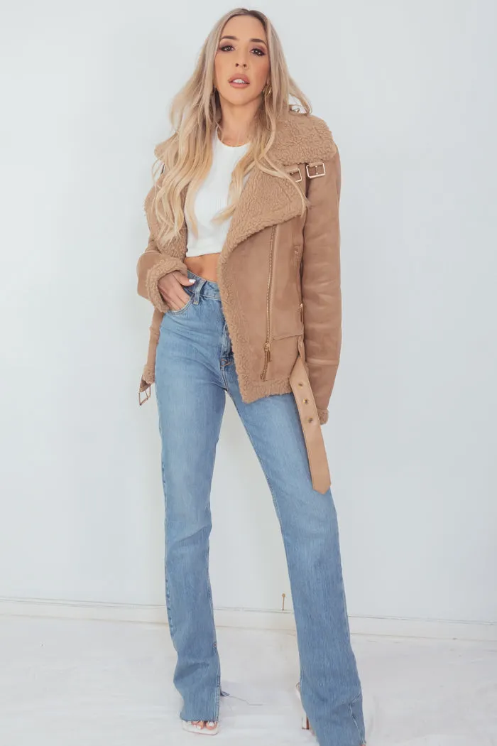 Suede Terry  Fur Coat - Camel