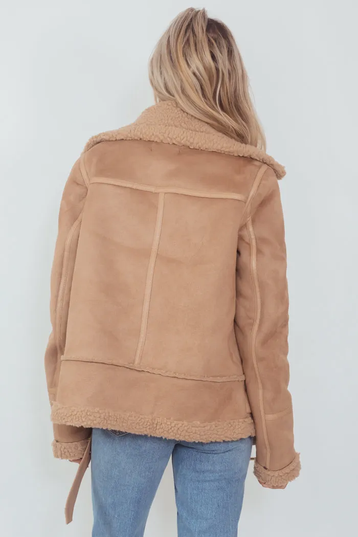 Suede Terry  Fur Coat - Camel