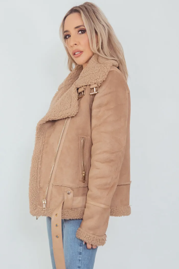 Suede Terry  Fur Coat - Camel