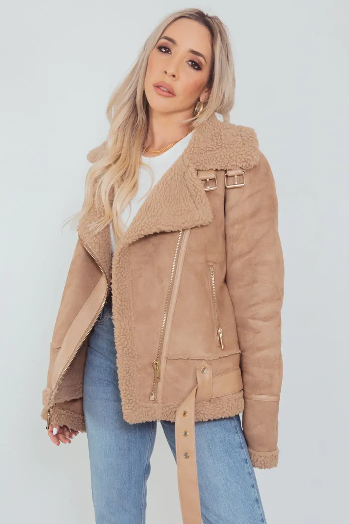 Suede Terry  Fur Coat - Camel