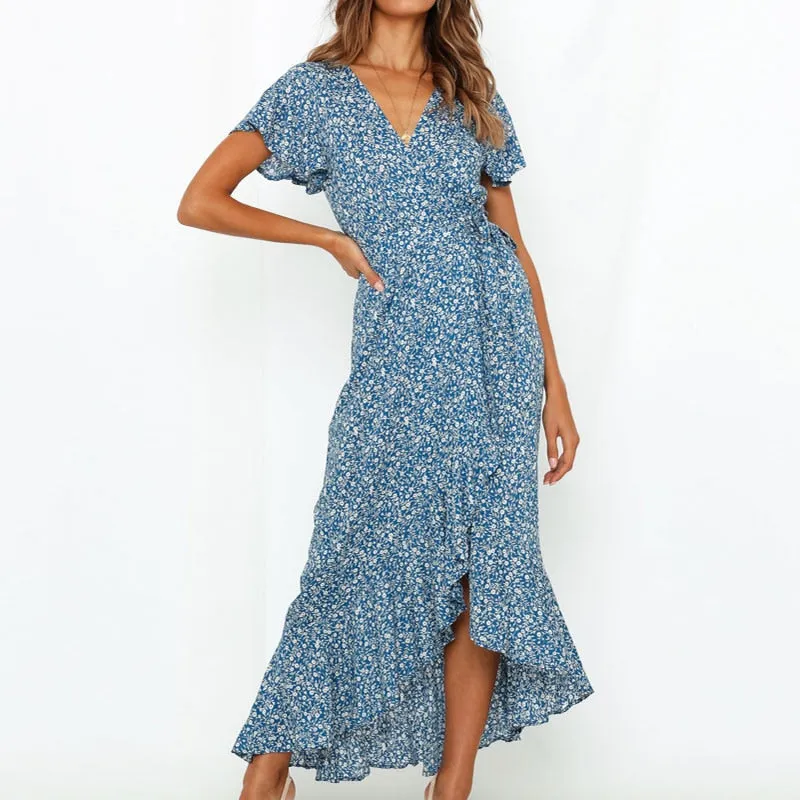 Summer Long Maxi Casual Boho Floral Print Beach V-Neck Ruffle Bodycon Wrap High Slit Party Dress