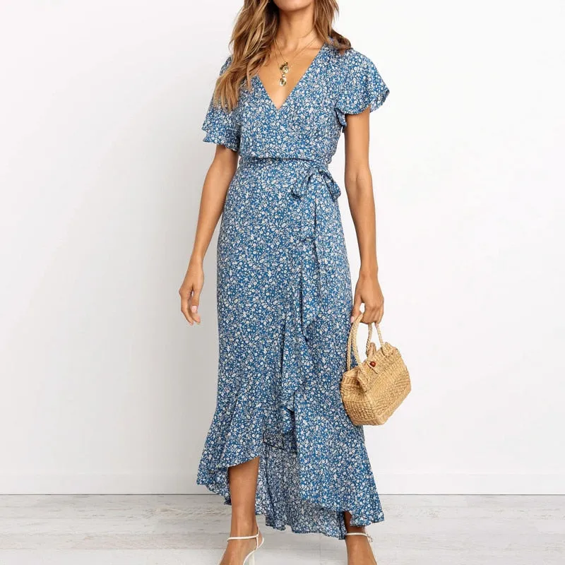 Summer Long Maxi Casual Boho Floral Print Beach V-Neck Ruffle Bodycon Wrap High Slit Party Dress