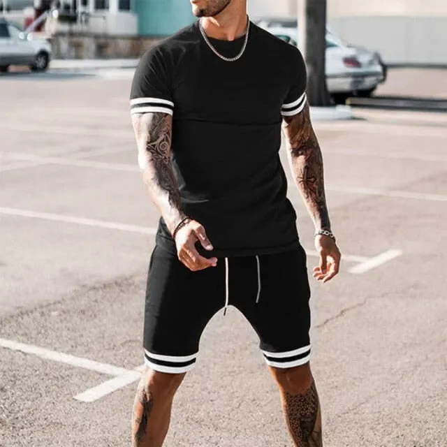 Summer New Men Casual Shorts Sets Short Sleeve T Shirt  Shorts Solid Male Tracksuit Set Men's Brand Clothing 2 Pieces Sets