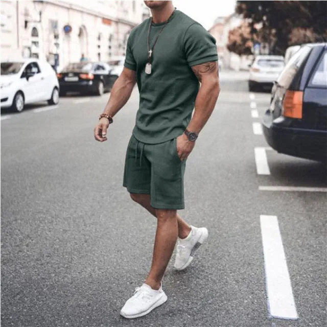 Summer New Men Casual Shorts Sets Short Sleeve T Shirt  Shorts Solid Male Tracksuit Set Men's Brand Clothing 2 Pieces Sets