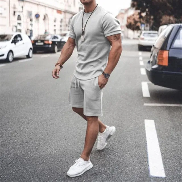 Summer New Men Casual Shorts Sets Short Sleeve T Shirt  Shorts Solid Male Tracksuit Set Men's Brand Clothing 2 Pieces Sets