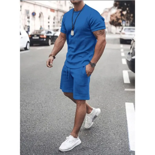 Summer New Men Casual Shorts Sets Short Sleeve T Shirt  Shorts Solid Male Tracksuit Set Men's Brand Clothing 2 Pieces Sets