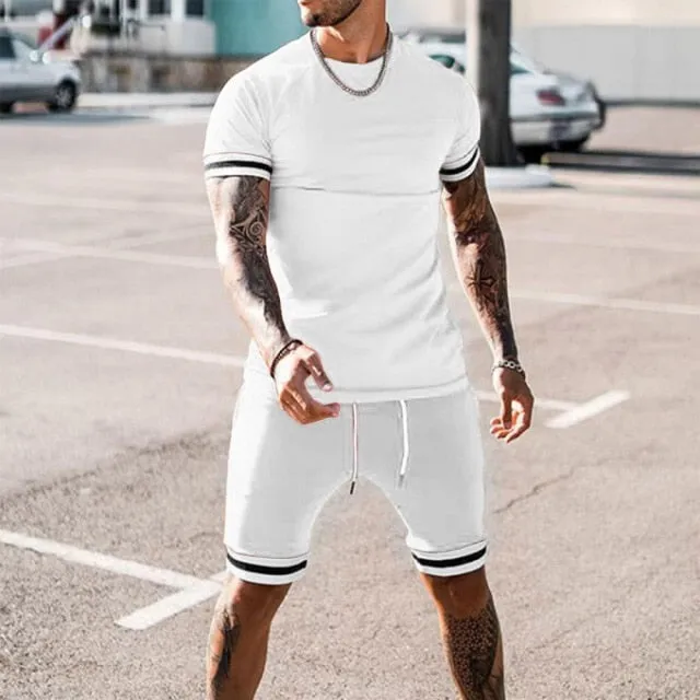 Summer New Men Casual Shorts Sets Short Sleeve T Shirt  Shorts Solid Male Tracksuit Set Men's Brand Clothing 2 Pieces Sets