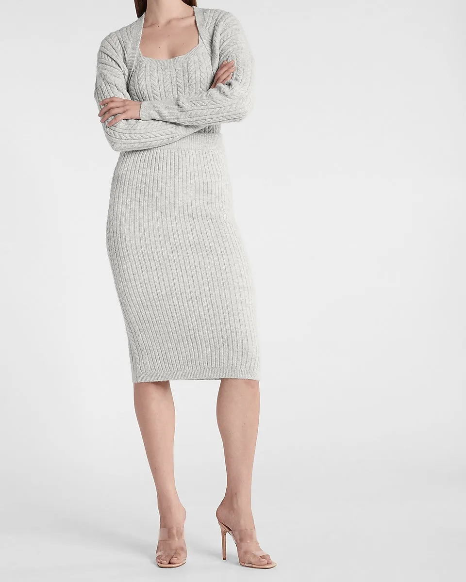 Super High Waisted Cable Knit Sweater Midi Skirt in Silver Heather Gray