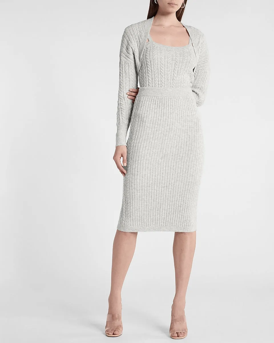 Super High Waisted Cable Knit Sweater Midi Skirt in Silver Heather Gray