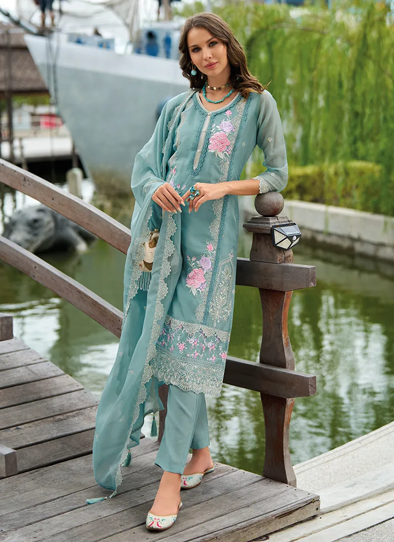 Teal Blue Chikankari Embroidery Festival Salwar Kameez Suit