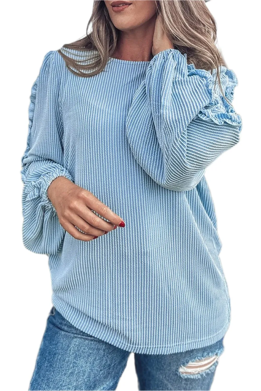 TEEK - Pastel Blue Frill Texture Long Sleeve Sweatshirt