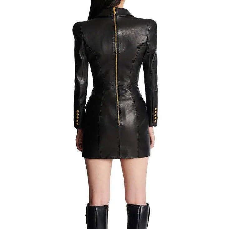 Theodora Long Sleeve Button Details Leather Mini Dress