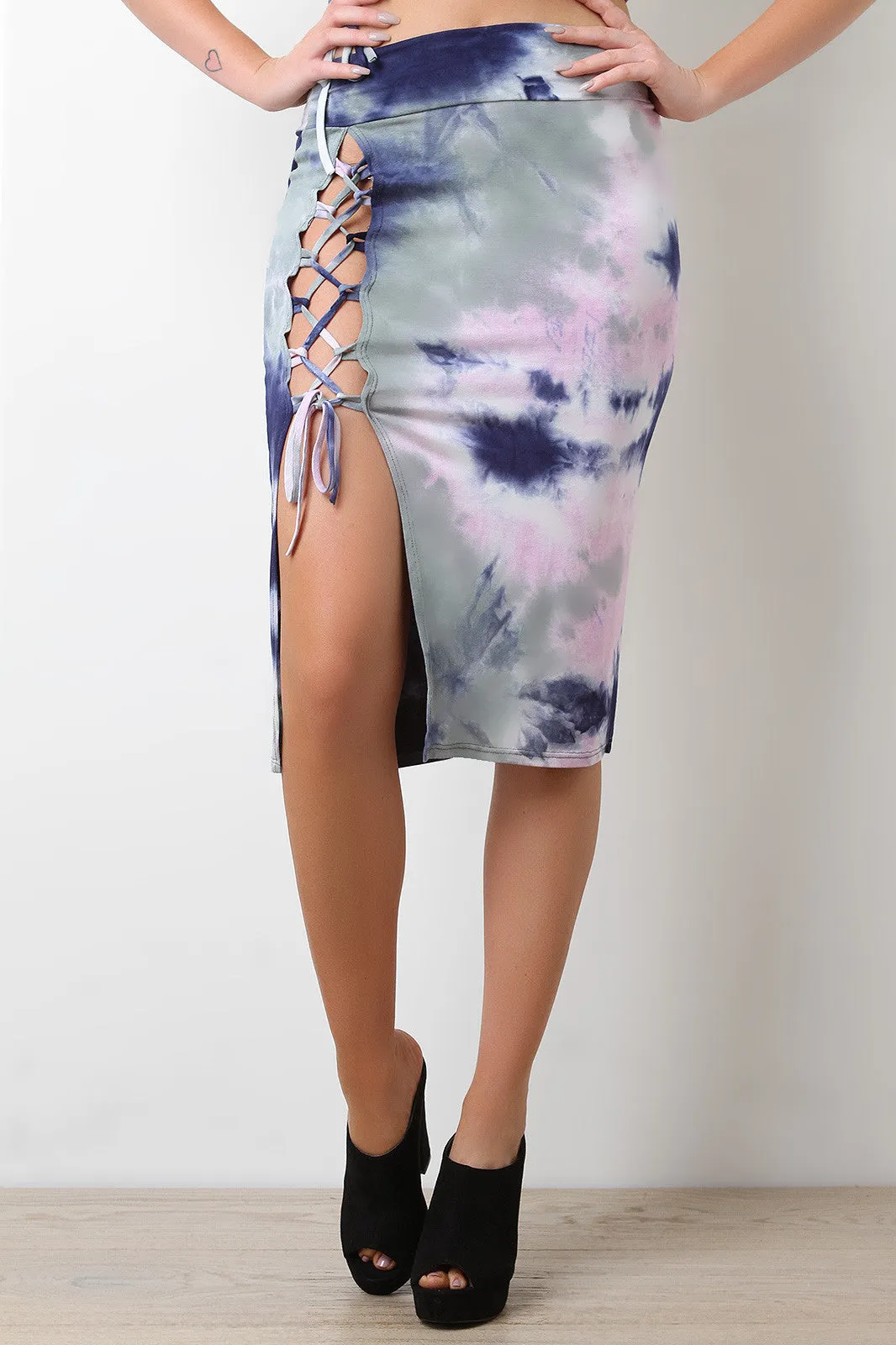 Tie Dye Side Lace Up Midi Skirt