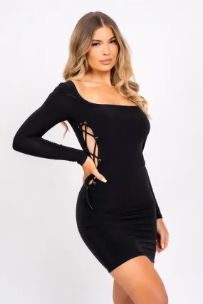 Tie Me Down Black Open Lace Up Side Bodycon Seamless Mini Dress