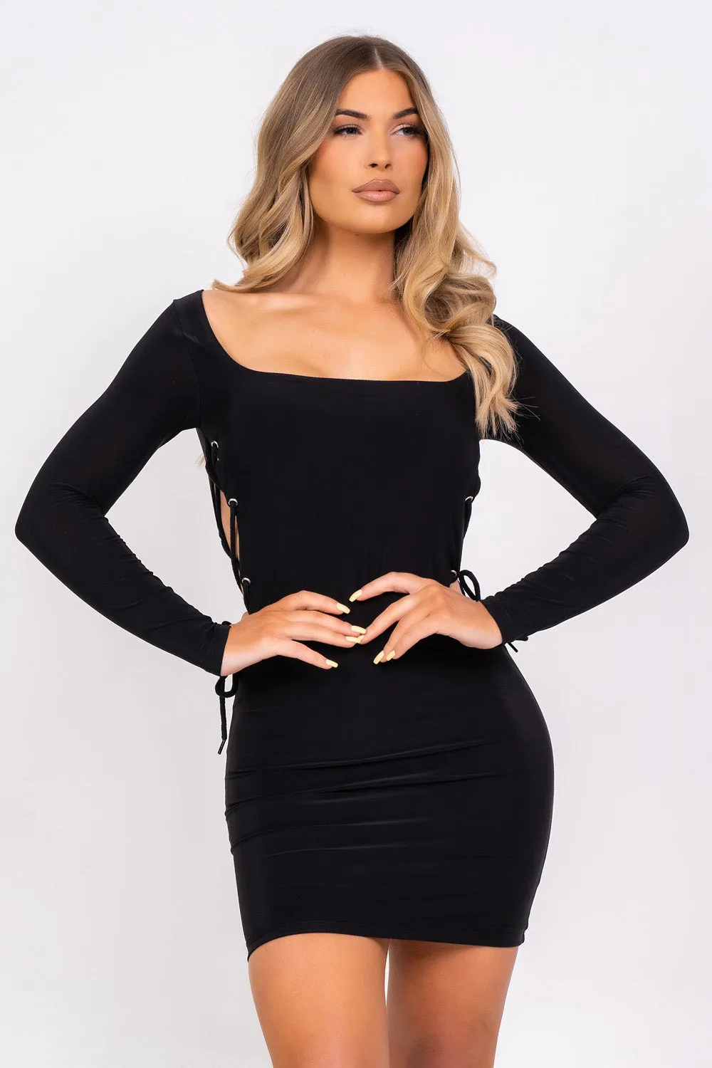 Tie Me Down Black Open Lace Up Side Bodycon Seamless Mini Dress